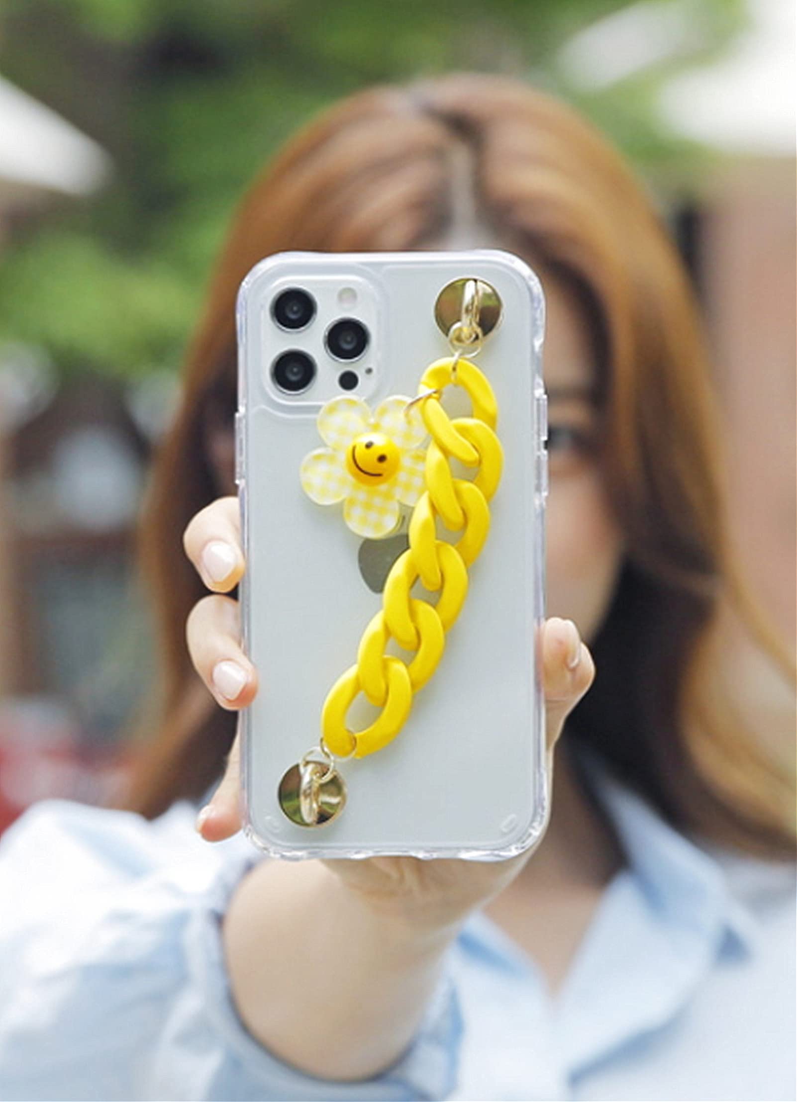 Amazon.co.jp: 可愛い Yellow Chain Smile Flower Clear Hand Strap